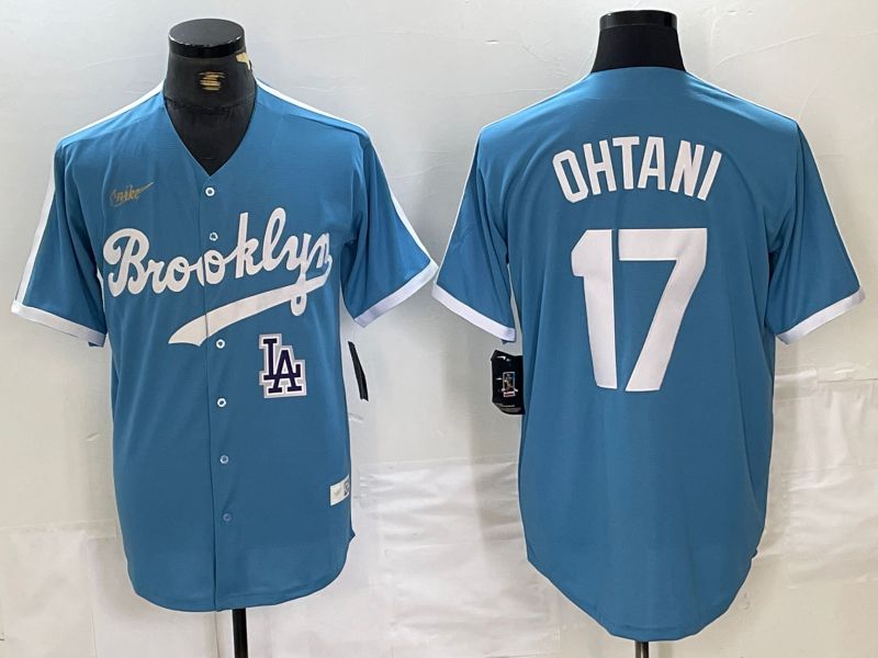 Men Los Angeles Dodgers #17 Ohtani Light blue Throwback 2024 Nike MLB Jersey style 2
